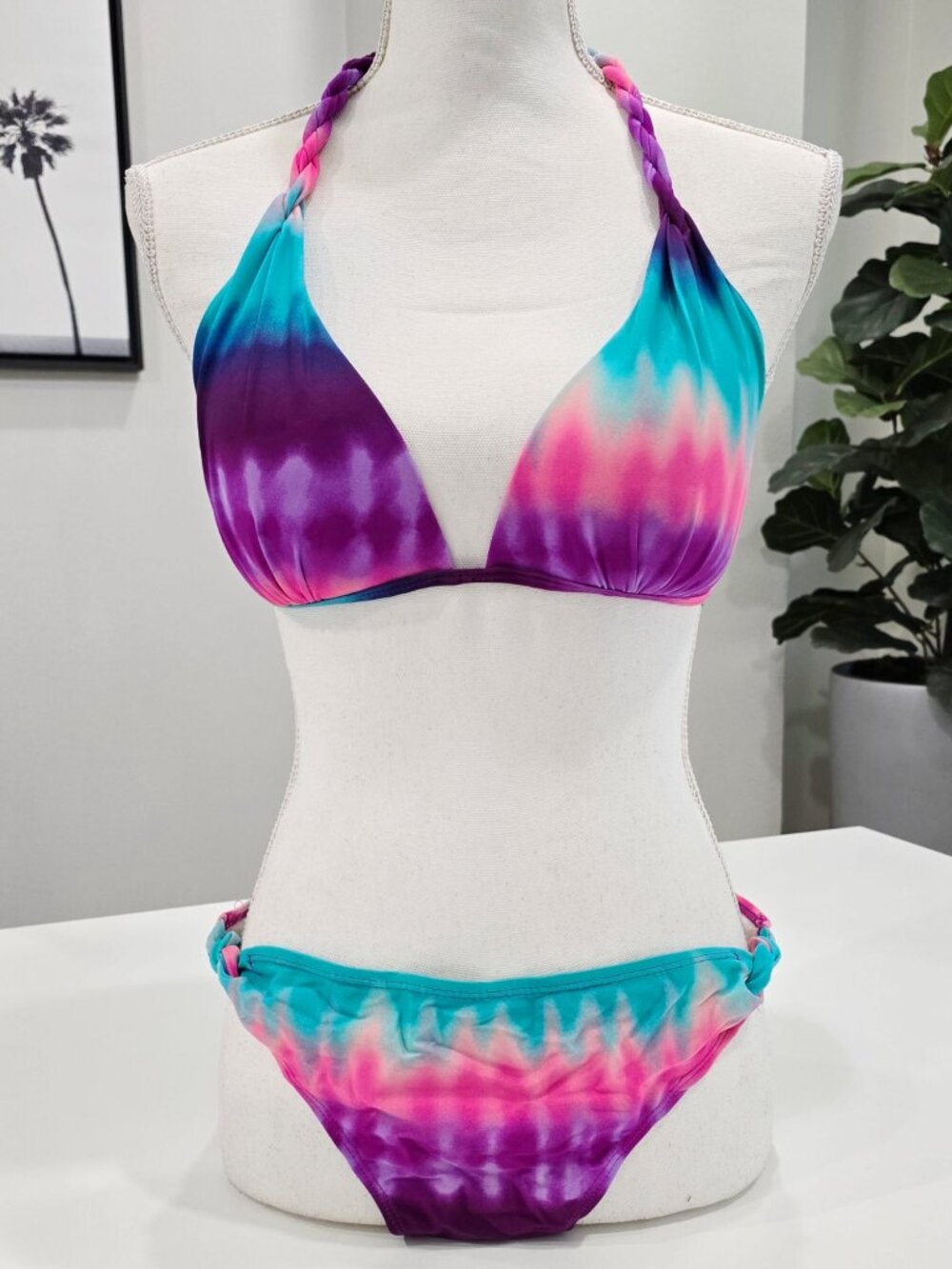 George ✦ Tie-Dye Braided Bikini Set ✦ Halter Top & Side-Tie Bottoms L/XL - Picture 2 of 9